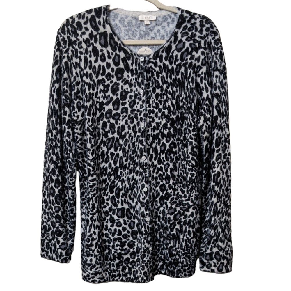 Oddy Leopard print black gray long line tunic sweater soft button close 2XL